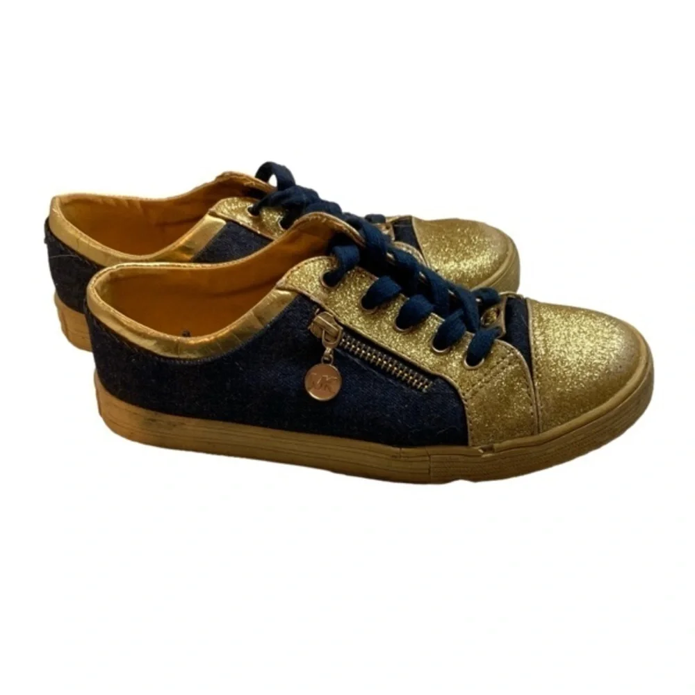 MICHAEL KORS MALAGA DENIM GOLD GLITTER FASHION SNEAKERS SHOES SIZE 4 LACE-UP GUC